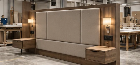Mock-up di una testata letto. Immagine IA della proposta, provvisoria.