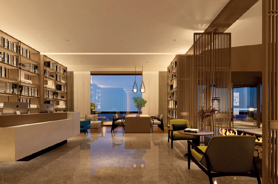 Interno hospitality con luci integrate nelle librerie, sospensioni e illuminazione del soffitto, dall’archivio DF.