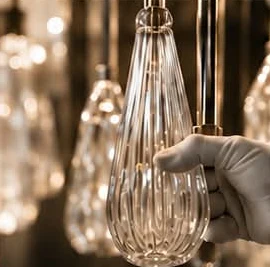 Dettaglio di una sospensione in vetro. Immagine illustrativa fornita per DF Lighting.