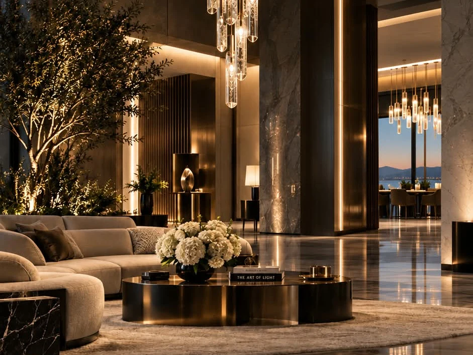 Composizione di illuminazione decorativa in un interno. Immagine illustrativa fornita per DF Lighting.