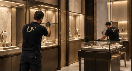 Installazione di elementi di arredo in una boutique. Immagine IA della proposta, provvisoria.